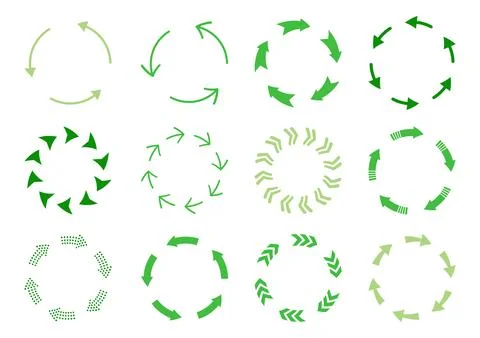 Circular recycle arrows flat green color set Stock Illustration