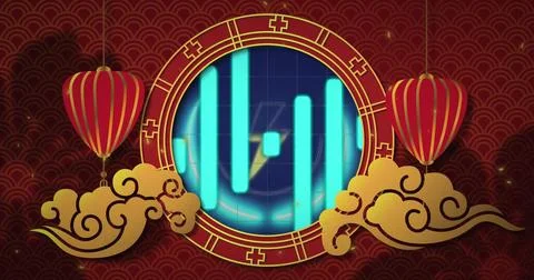 Circular red-gold frame showing glowing blue bar chart in festive decor with Stock Photos
