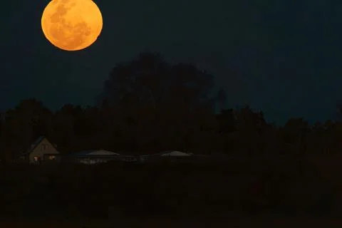 Circular red moon high in sky with surface pattern on background with copy-.. Stock Photos