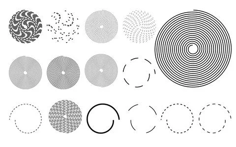 Circular ring and spiral collection, black line art elements, abstract geom.. Stock Illustration