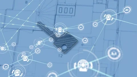 Circular ring appearing around key, emitting nodes and lines, visualizing Stock Footage 331046001