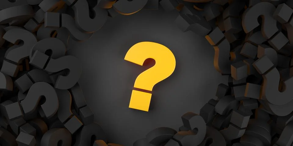 Circular ring of black question marks with a yellow one in the center on bl.. Stock Illustration