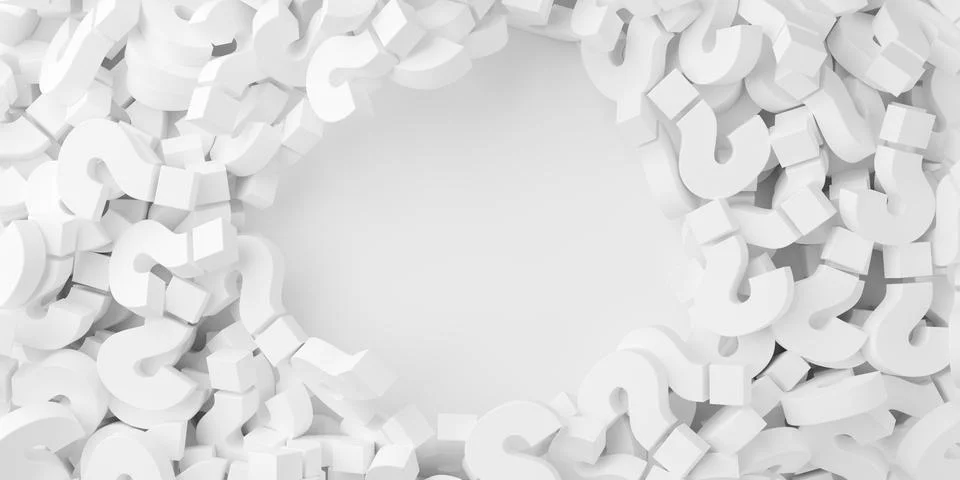 Circular ring of white question marks with copy space in the center on whit.. Stock Illustration