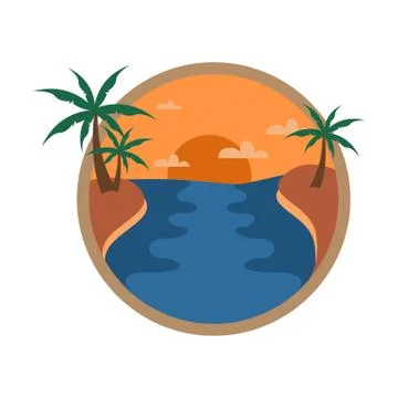 Circular Riverside Sunset Palm Trees Travel Island Illustration Stock Illustration