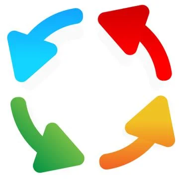 Circular, rotating arrows around on white. Colorful graphics. Illustrazione stock