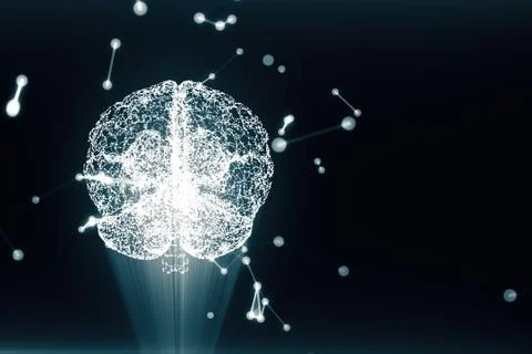 Circular rotation polygonal brain shape of an artificial intelligence with li 库存插图