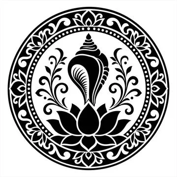 Circular sacred conch shell vector graphic design on lotus flower with flor.. Stock Illustration