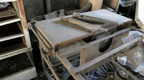 Circular saw in a carpentry abandoned Stock Footage 58714857