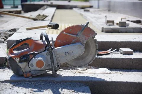 Circular saw at the construction site. 스톡 사진
