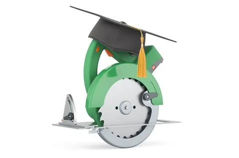 Circular saw with education hat. 3D rendering Stock Illustration