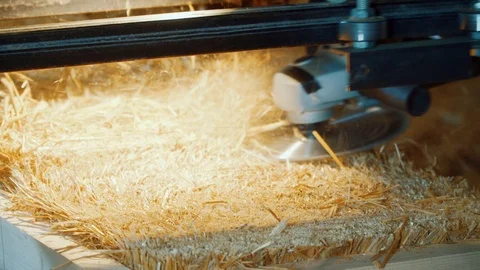 A circular saw grinds a straw block Stock Footage 126775481