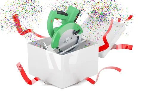 Circular saw inside gift box, 3D rendering Ilustración de archivo