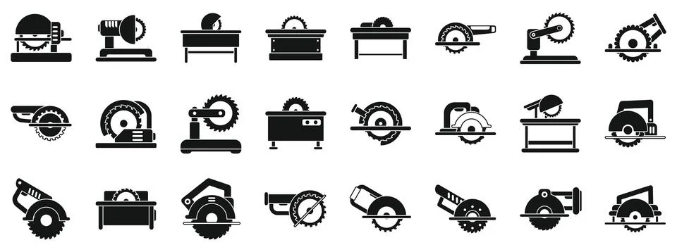 Circular saw machine icons set. Set of circular saw blades for cutting wood a Stock Illustration