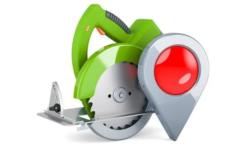 Circular saw with map pointer. 3D rendering Circular saw with map pointer.... 库存照片