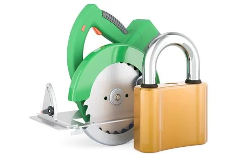 Circular saw with padlock, 3D rendering Ilustración de archivo