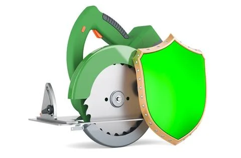 Circular saw with shield, 3D rendering Circular saw with shield, 3D render... Stock Photos