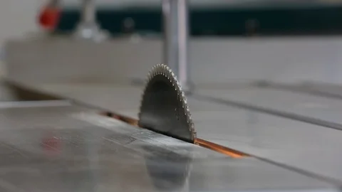 Circular saw starts rotate, sharp cutting part, manufacture of wooden furniture Stock Footage 124923416