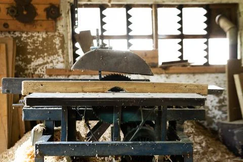 Circular saw for wood processing. Old Circular. Carpenter workshop Stock Photos