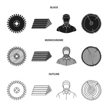 Circular saw, a working carpenter, a stack of logs. A sawmill and timber set Stock Illustration