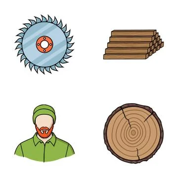 Circular saw, a working carpenter, a stack of logs. A sawmill and timber set 스톡 일러스트