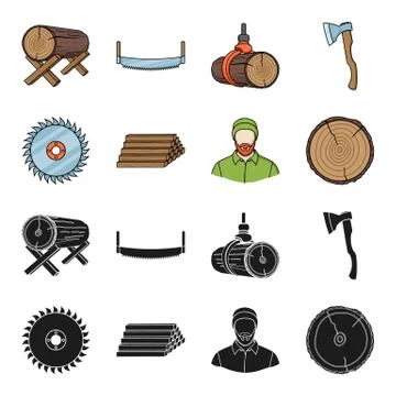 Circular saw, a working carpenter, a stack of logs. A sawmill and timber set Stock Illustration