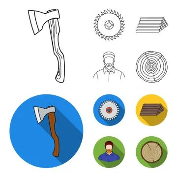 Circular saw, a working carpenter, a stack of logs. A sawmill and timber set Stock Illustration