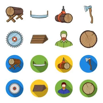 Circular saw, a working carpenter, a stack of logs. A sawmill and timber set 스톡 일러스트