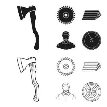 Circular saw, a working carpenter, a stack of logs. A sawmill and timber set 스톡 일러스트