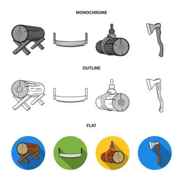 Circular saw, a working carpenter, a stack of logs. A sawmill and timber set 스톡 일러스트