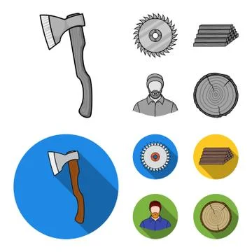 Circular saw, a working carpenter, a stack of logs. A sawmill and timber set 스톡 일러스트