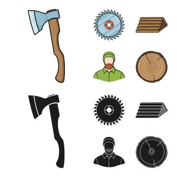 Circular saw, a working carpenter, a stack of logs. A sawmill and timber set Stock Illustration