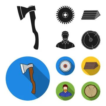 Circular saw, a working carpenter, a stack of logs. A sawmill and timber set 스톡 일러스트