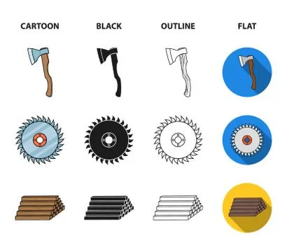 Circular saw, a working carpenter, a stack of logs. A sawmill and timber set Stock Illustration