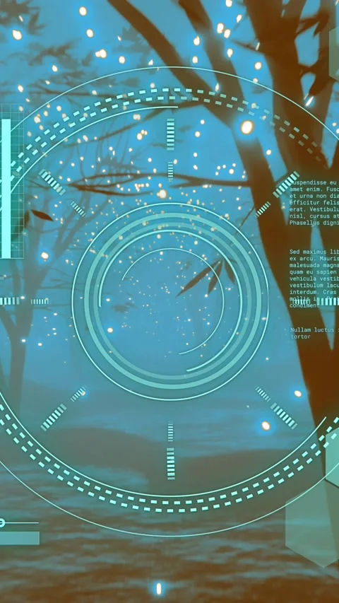 Circular scanner and data processing over lights and tree lined path at night Stock Footage 323782988