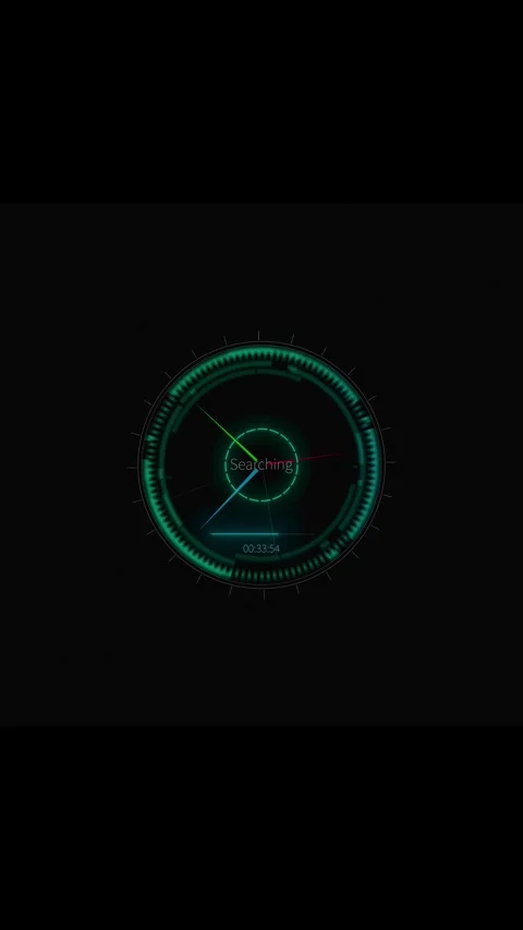 Circular scanner search interface visual green HUD ring, target lines, timer tex Stock Footage 340557529