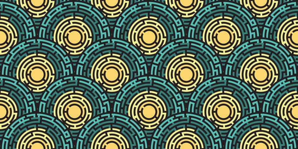 Circular seamless pattern of colored labyrinth, flat 스톡 일러스트