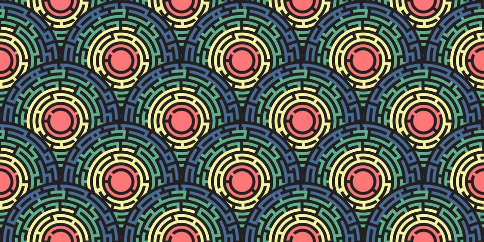 Circular seamless pattern of colored labyrinth, flat Stock Illustration