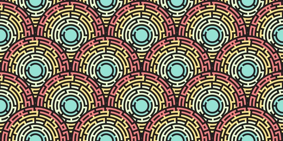 Circular seamless pattern of colored labyrinth, flat Stock Illustration