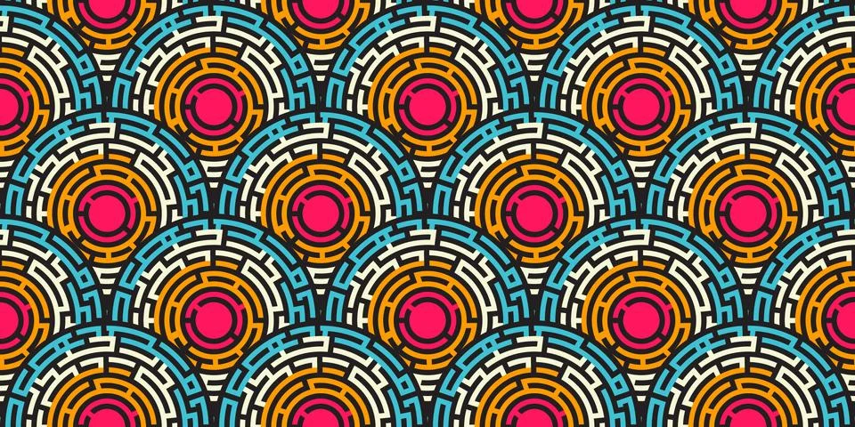 Circular seamless pattern of colored labyrinth, flat Stock Illustration