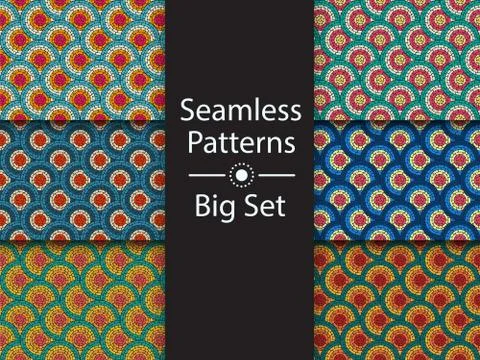 Circular seamless pattern of colored labyrinth, BIG SET, flat 스톡 일러스트