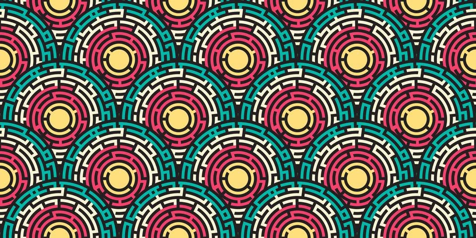 Circular seamless pattern of colored labyrinth, flat Stock Illustration