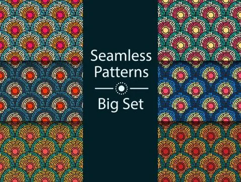 Circular seamless pattern of colored labyrinth, BIG SET, flat Stock Illustration