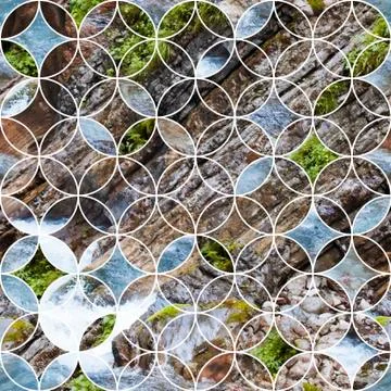 Circular seamless pattern with image of the rocks and river. Stock Photos
