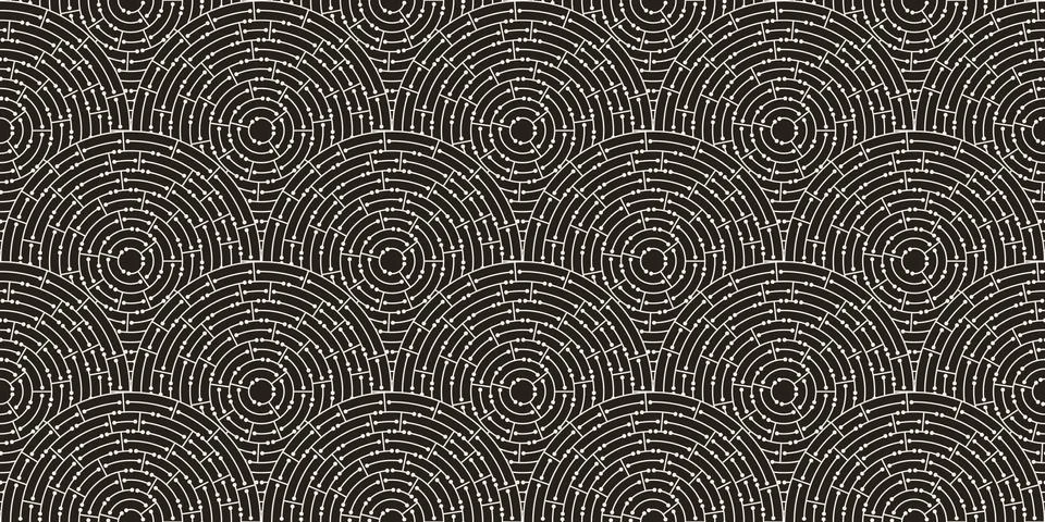 Circular seamless pattern of white labyrinth with dots on black background, flat 스톡 일러스트