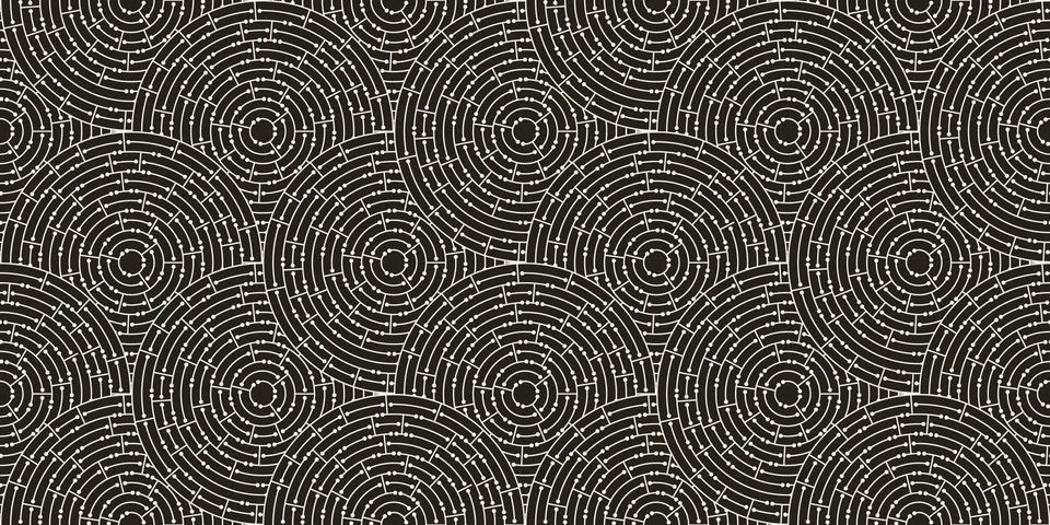 Circular seamless pattern of white labyrinth with dots on black background, flat Stock Illustration