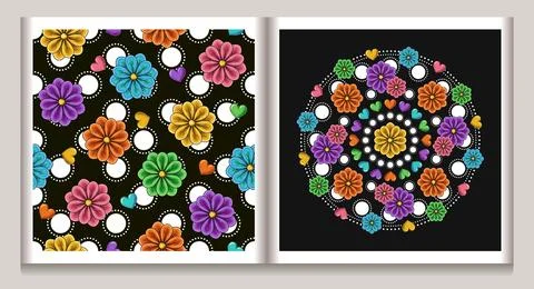 Circular, seamless polka dot pattern with daisies Stock Illustration