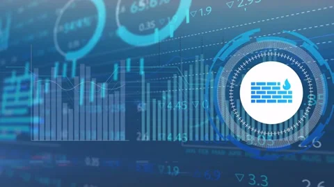 Circular security badge entering right pulsing rotating while charts fluctuating Stock Footage 335762095