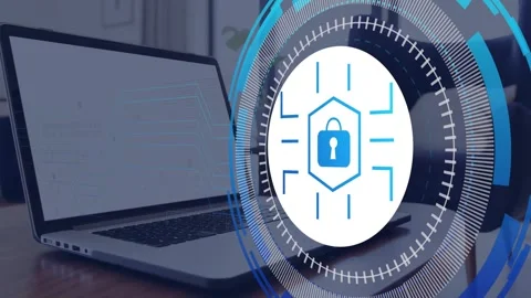 Circular security HUD activating on laptop wake, pulsing, scanning code window, Stockbeeldmateriaal 335731906
