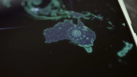 Circular server and security node glows above Australia on a dark 库存照片