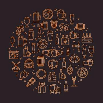 A circular set of craft beer pixel-perfect icons in a modern style on the theme Stock Illustration